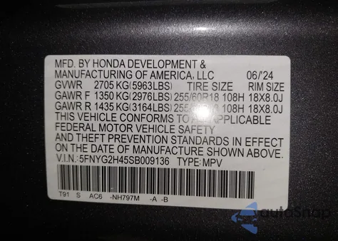 2025 Honda Pilot Ex-L from USA, damaged, VIN 5FNYG2H45SB009136